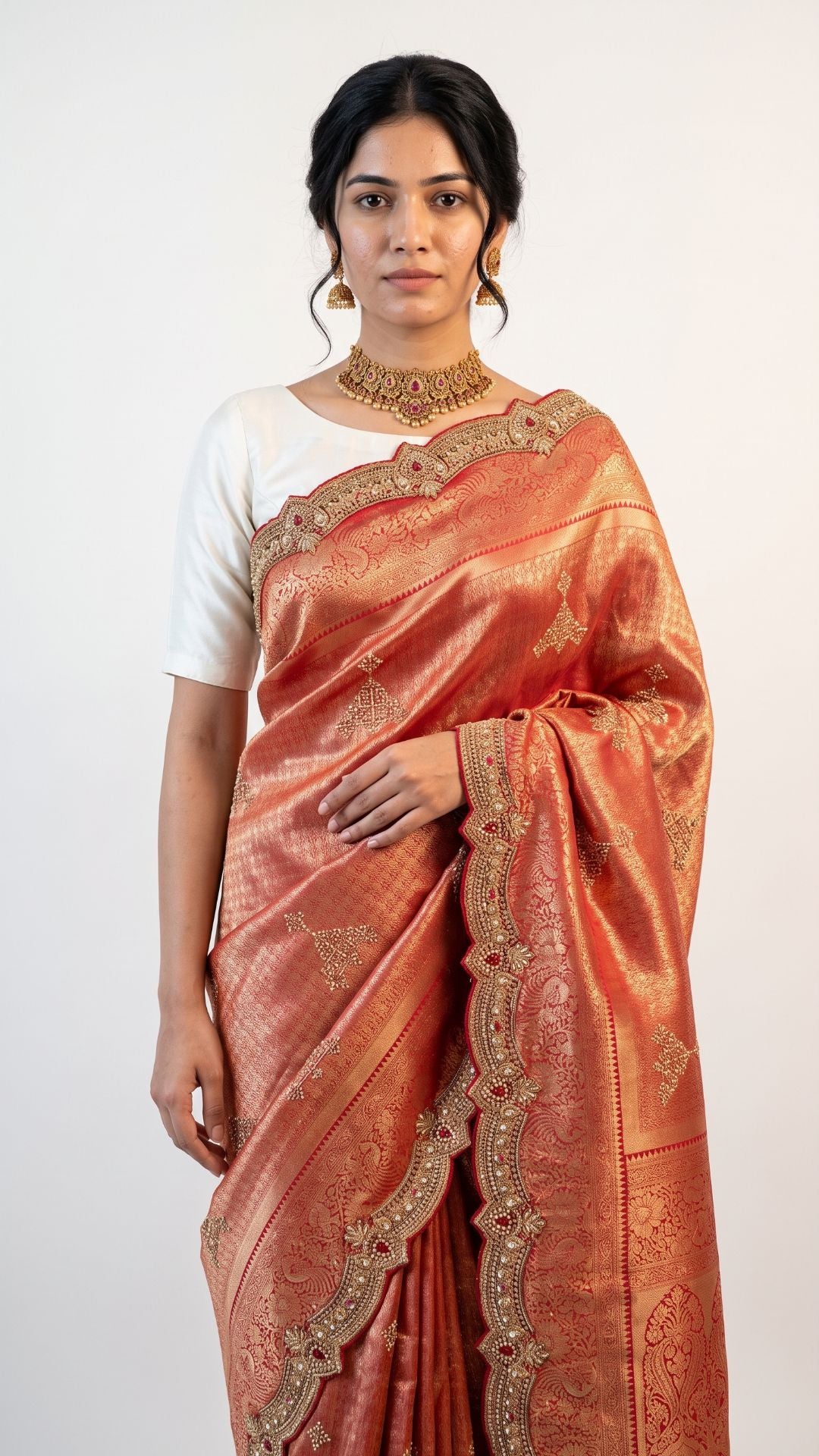 Rani Banarasi Silk Unstitched Saree with Dupatta Embellished with Thread & Stone Work